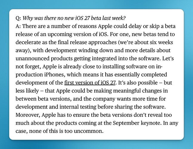 Mark Gurman no new iOS 27 beta last week
