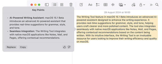 Writing Tools Key Point macOS 15.1 Beta