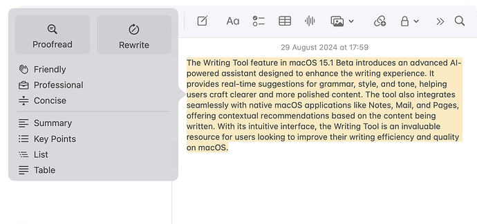 Writing Tools on macOS 15.1 Beta